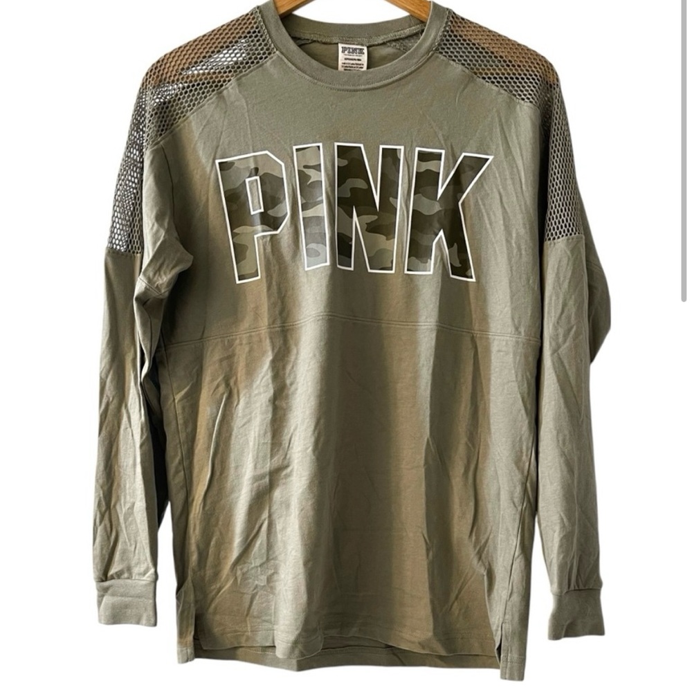 PINK Victoria's Secret Olive Green Camouflage & Mesh Long Sleeve Top